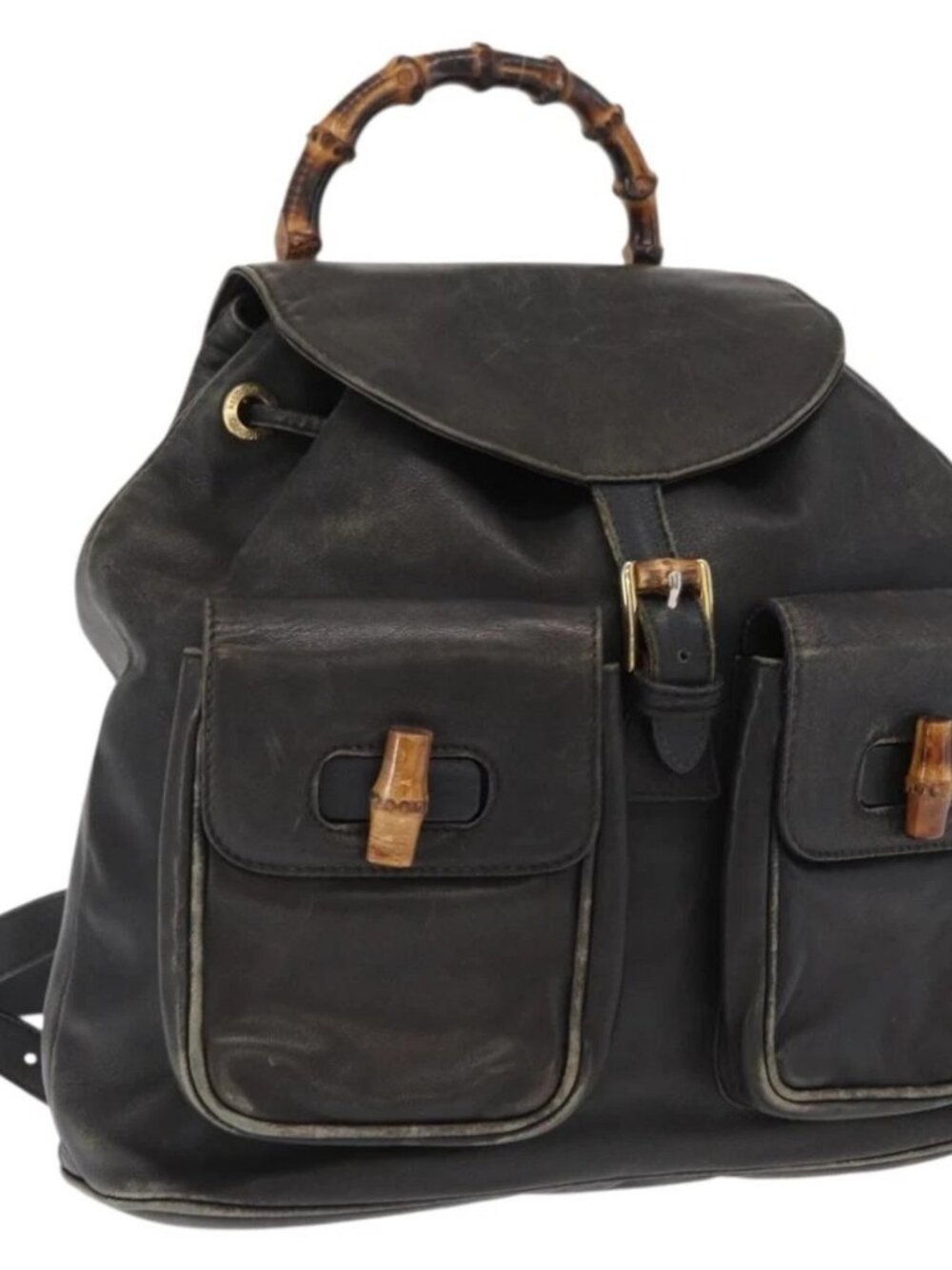 GUCCI Bamboo Backpack Leather Black Gold 003 2058 0016 Auth 166739 - Picture 1 of 15